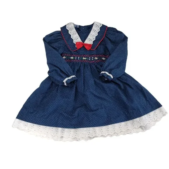 Vintage Polly Flinders Smocked Dress Size 24mo Blue Calico Dot